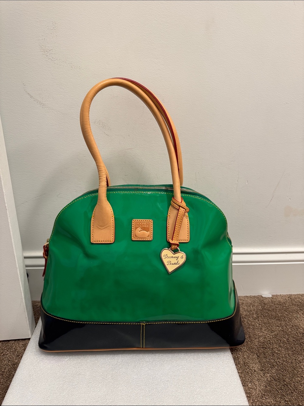 Dooney & Bourke green patent leather dome shoulder bag purse heart charm